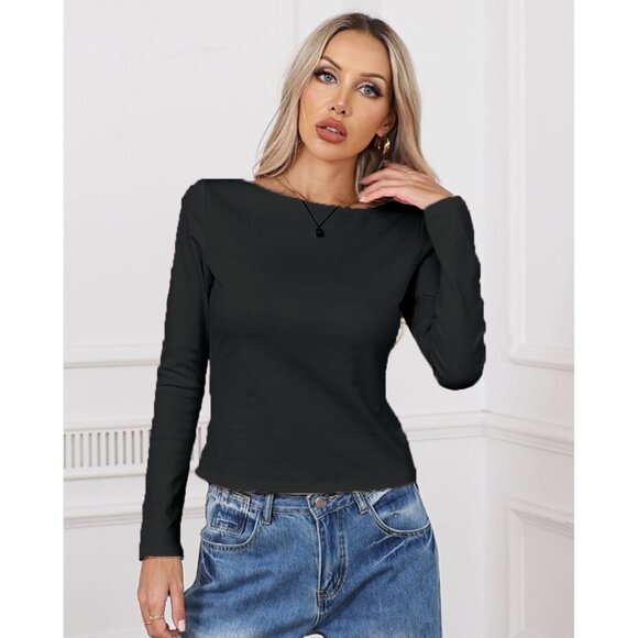 Women's Cropped Boat Neck Long Sleeve Top Cotton Spandex Fall Casual - Picture 3 of 5